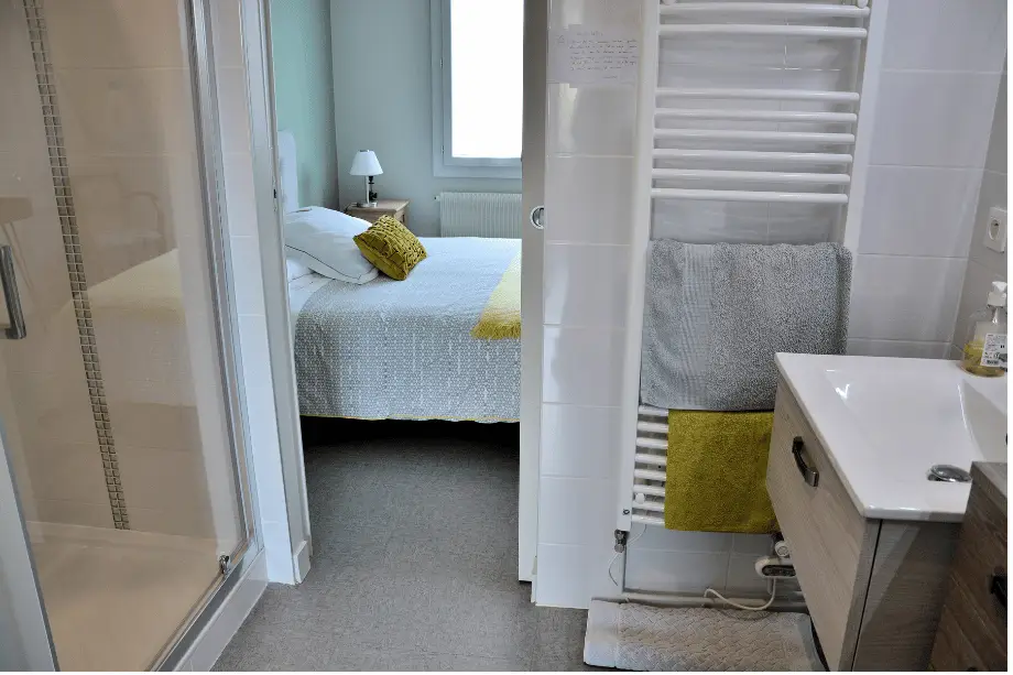 Salle d’eau privative de la suite Watermael avec douche, vasque et chambre en arrière-plan